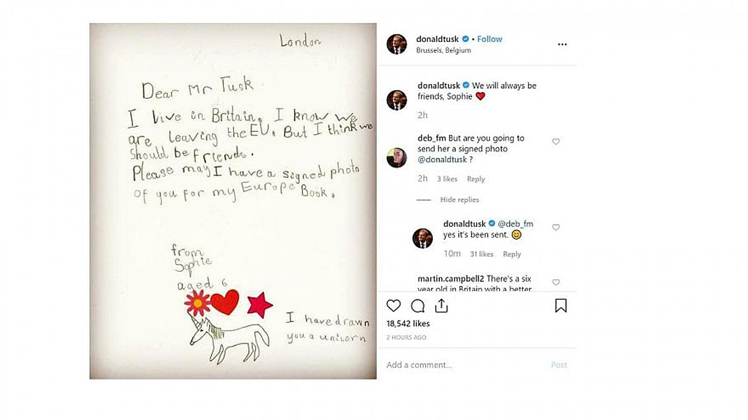 Bewegender Brexit-Brief: Sophie (6) malt ein Einhorn für Donald Tusk