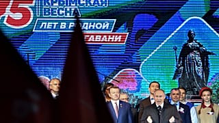 Vladimir Putin addresses the crowd in Simferopol, Crimea