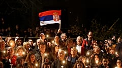 Demonstrators attend a protest against President Aleksandar Vucic 
