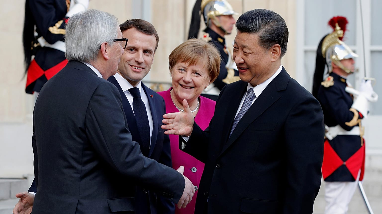 Jean-Claude Juncker, Emmanuel Macron, Angela Merkel & Xi Jinping, March 26