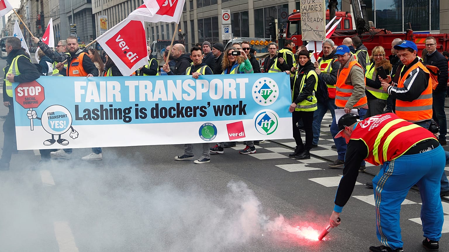 Protest over 'social dumping' in transport sector held in Brussels