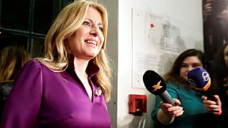 Slovakia's presidential candidate Zuzana Caputova addresses the media 