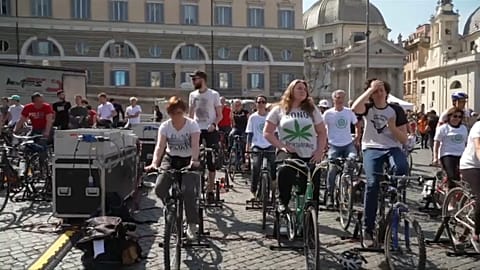 Pedalling teenagers power stage during Greta Thunberg speech