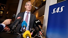 SAS CEO Rickard Gustafson speaks at a news conference, May 2, 2019
