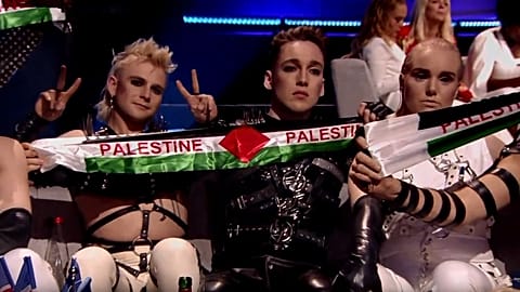 Iceland's Hatari raises Palestinian flags during Eurovision results