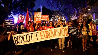 Pro-Palestine protesters outside the Eurovision venue in Tel Aviv.