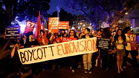 Pro-Palestine protesters outside the Eurovision venue in Tel Aviv.