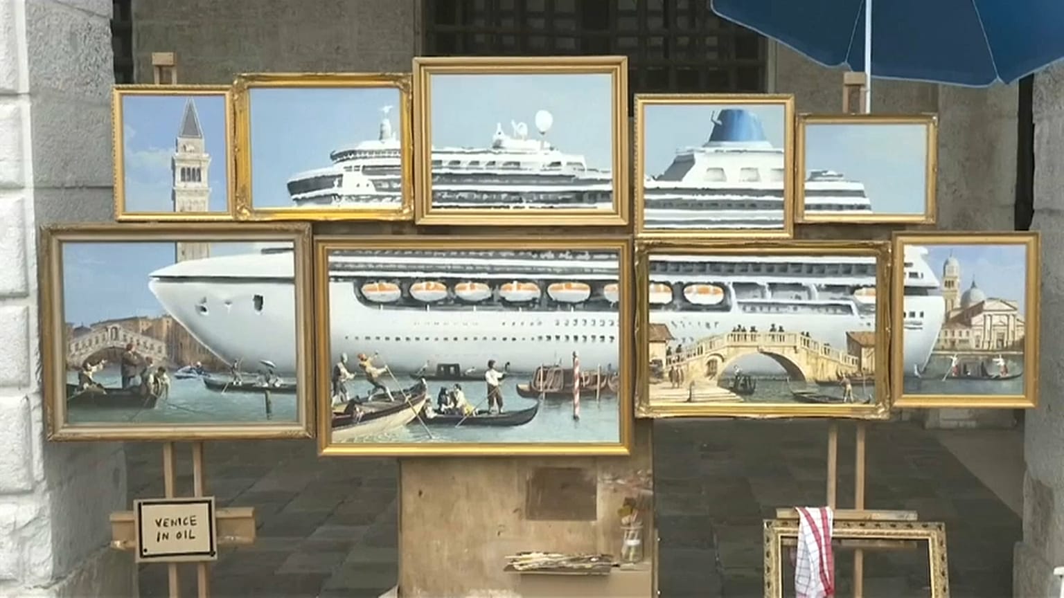 Oil paintings create an image of a giant cruise ship in the city's canal 