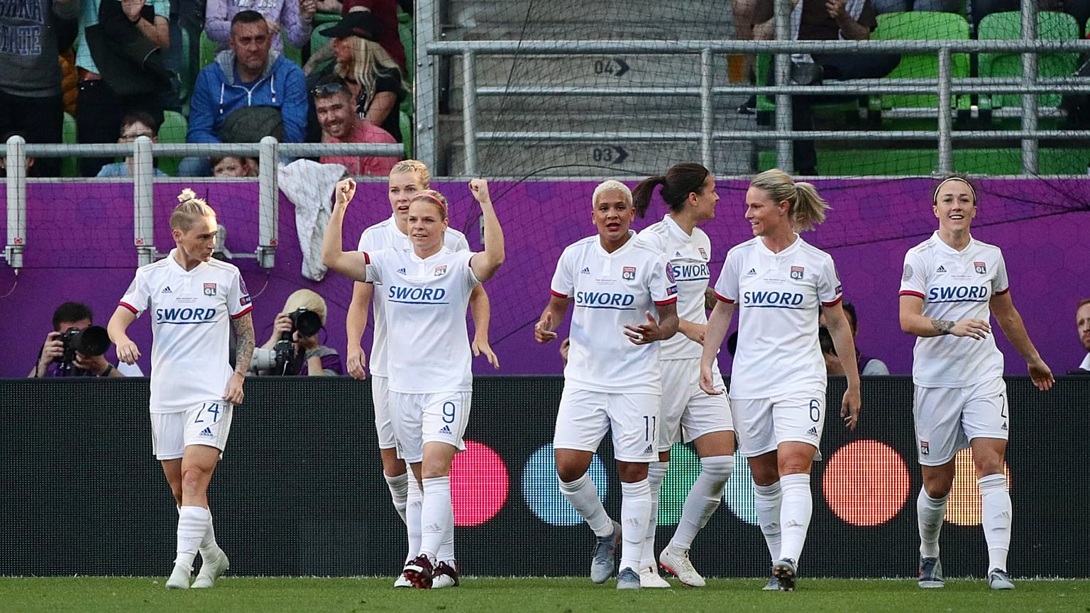 Olympique Lyonnais celebrate after a goal in the Champion's League final
