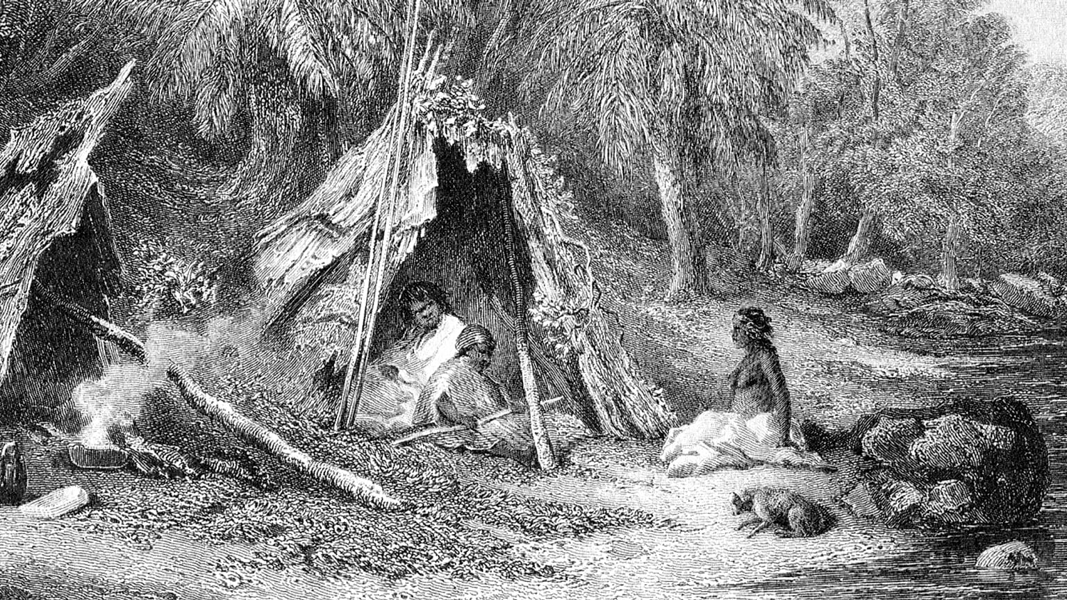 رسم من القرن التاسع عشر  يُظهر نمط حياة السكان الأصليين في المناطق الأكثر برودة بأستراليا في وقت الاستيطان الأوروبي