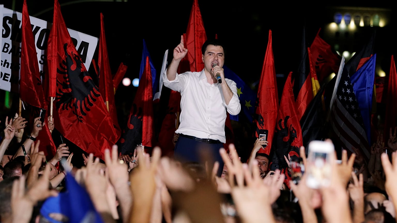 Lider of the Democratic Party Lulzim Basha attends an anti-government protest in front of Prime Minister Edi Rama's office in Tirana, Albania, June 21, 2019