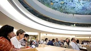 Viviane Lambert à la tribune des Nations unies à Genève le 1er juillet 2019