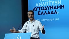 Leader of Greece's main opposition New Democracy conservative party Kyriakos Mitsotakis speaks during the presentation of his pre-election program in Athens, Greece June 21, 2