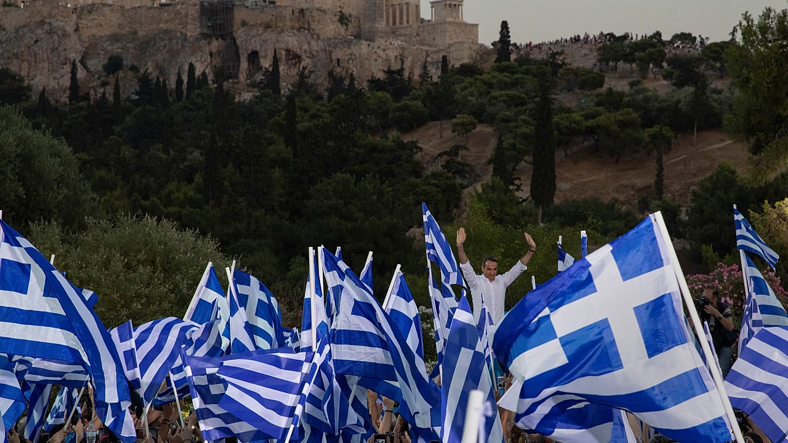 Main opposition New Democracy conservative party leader Kyriakos Mitsotakis waves to supporters during a pre-election rally in Athens, Greece, July 4, 2019.