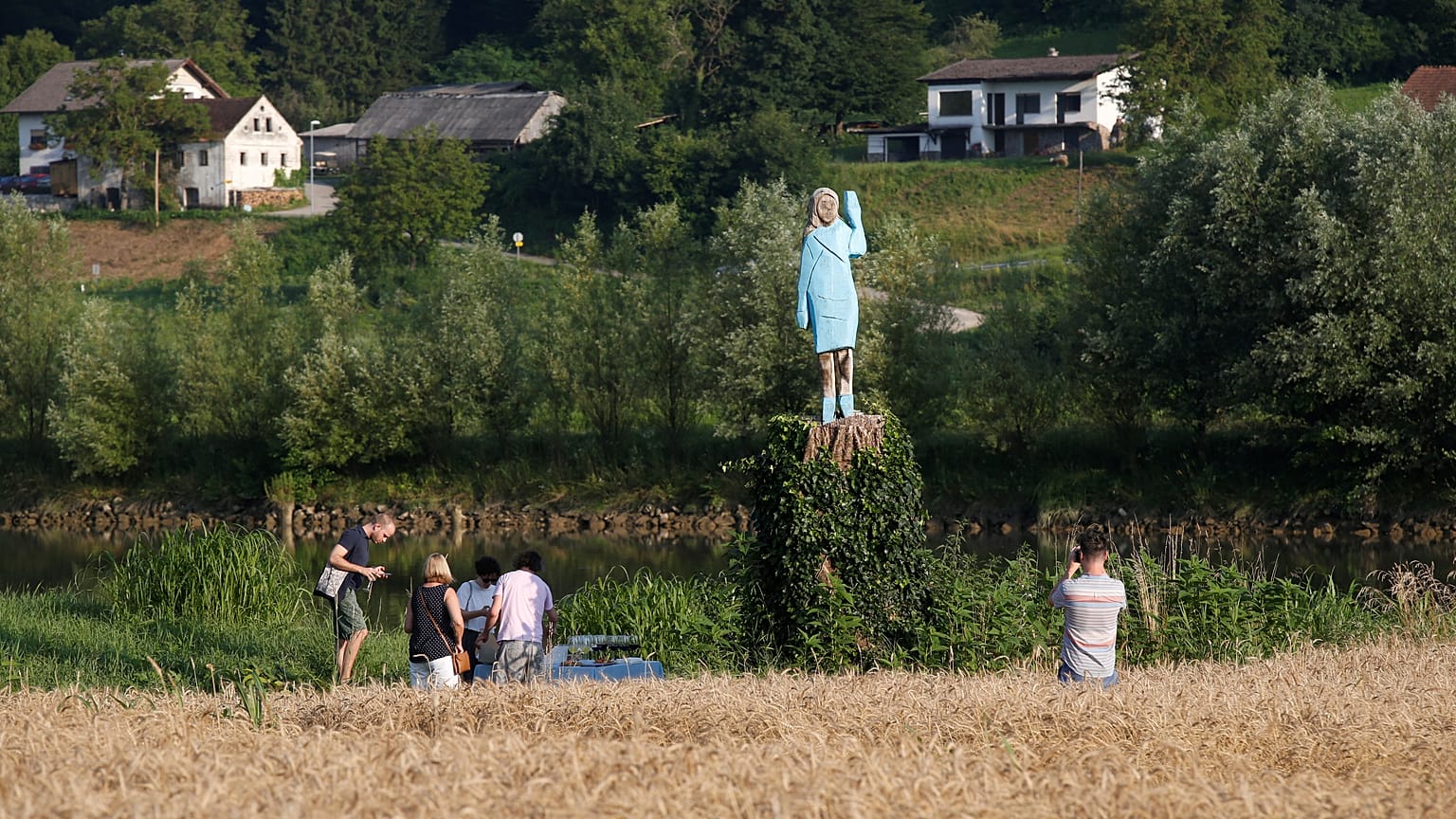 A sculpture of US first lady Melania Trump is officially unveiled in Rozno, near her hometown of Sevnica, Slovenia, July 5, 2019. 