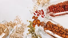 Grains and nuts in glass jars
