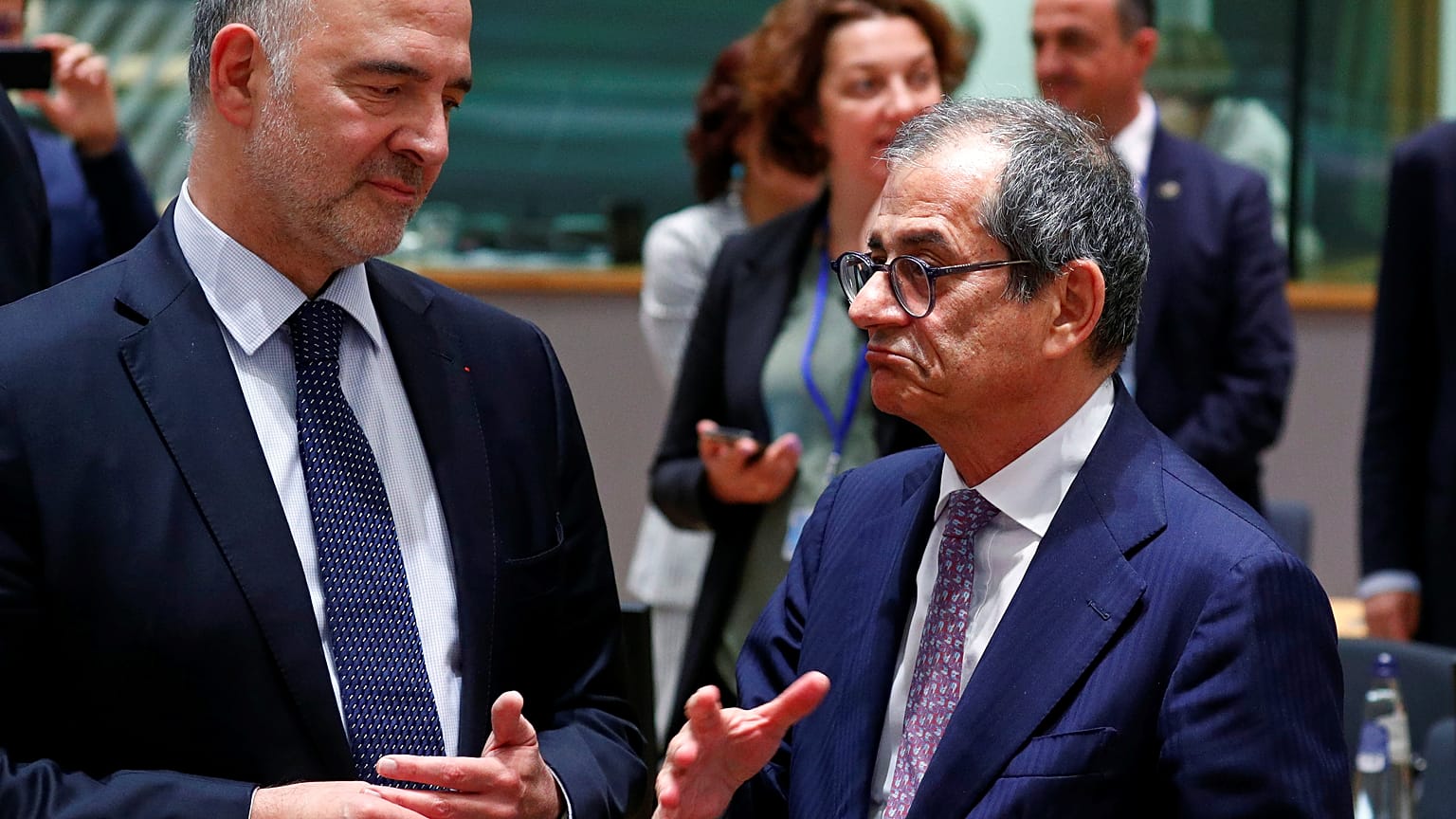 Il Commissario europeo Pierre Moscovici con Giovanni Tria, ministro dell'Economia italiano. (Bruxelles, 8.7.2019)
