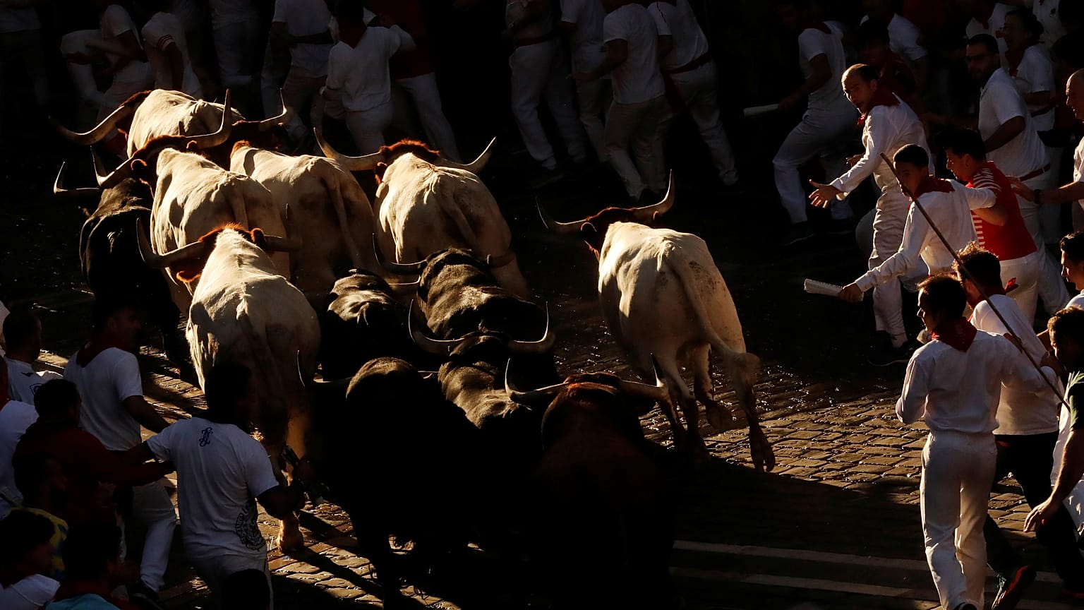 أشخاص يركضون أمام ثيران في اليوم الخامس من مهرجان سان فيرمين في مدينة بامبلونا بشمال إسبانيا  11 يوليو تموز 2019