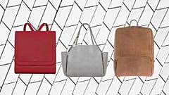 Three sustainable bags on a tiled background
