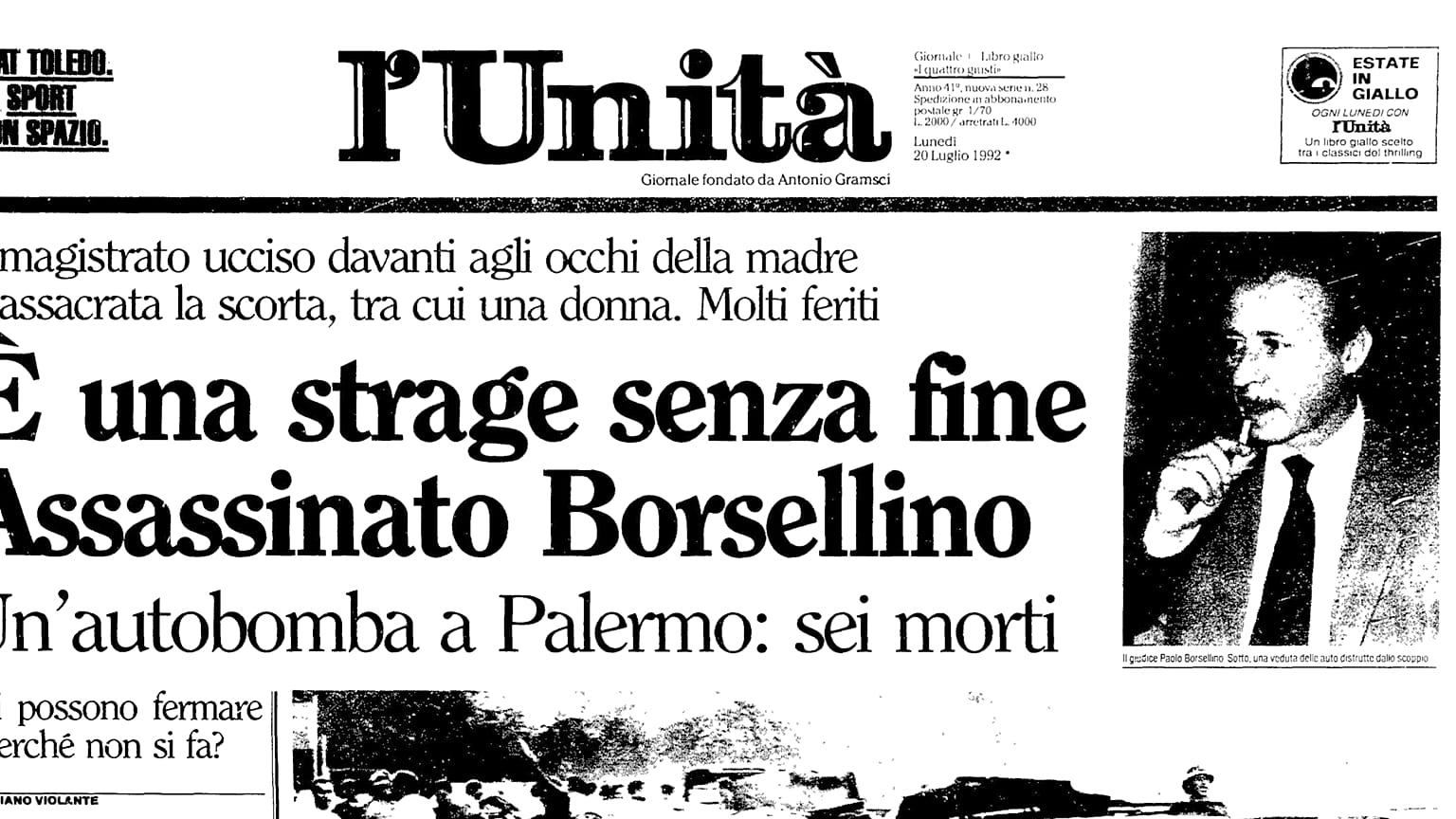 Prima pagina Unità - 20 luglio 1992