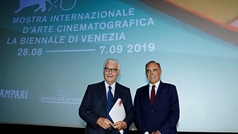 Paolo Baratta and Alberto Barbera pose ahead of announcement of the 76th Venice Film Festival line-up