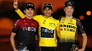 Il podio del Tour de France 2019: Thomas (secondo), Bernal (primo), Kruijswijk (terzo).