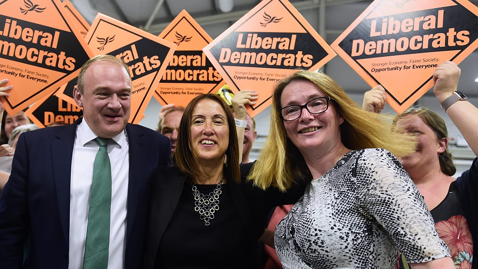Liberal Democrats candidate Jane Dodds (C) after winning the by-election in  Brecon and Radnorshire. August 2, 2019.