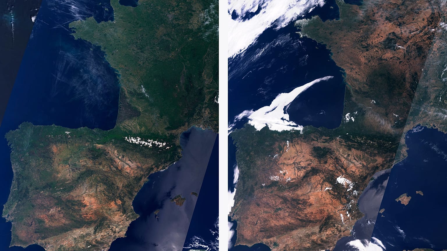 La Península Ibérica y Francia en mayo y en julio de 2019. 