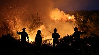 Firefighters try to extinguish a wildfire burning near the village of Makrimalli on the island of Evia, Greece, August 13, 2019. 