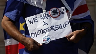 An anti-Brexit protester holds a placard as he demonstrates in Westminster in London