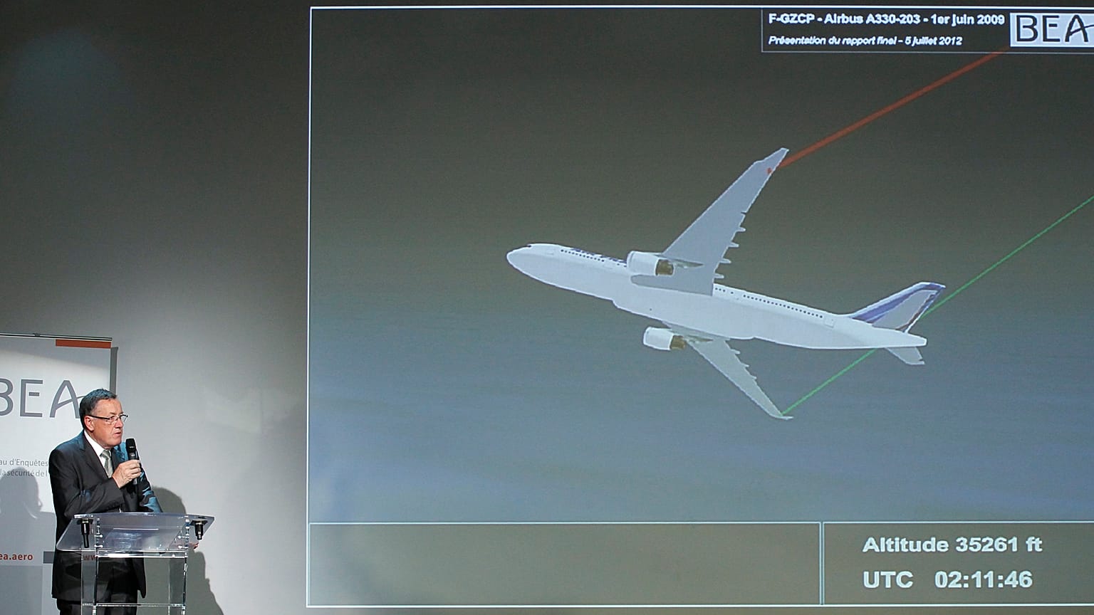 FILE PHOTO:  News conference to present the BEA final report in the Air France Rio-Paris crash at the BEA headquarters in Le Bourget, northern Paris, July 5, 2012.
