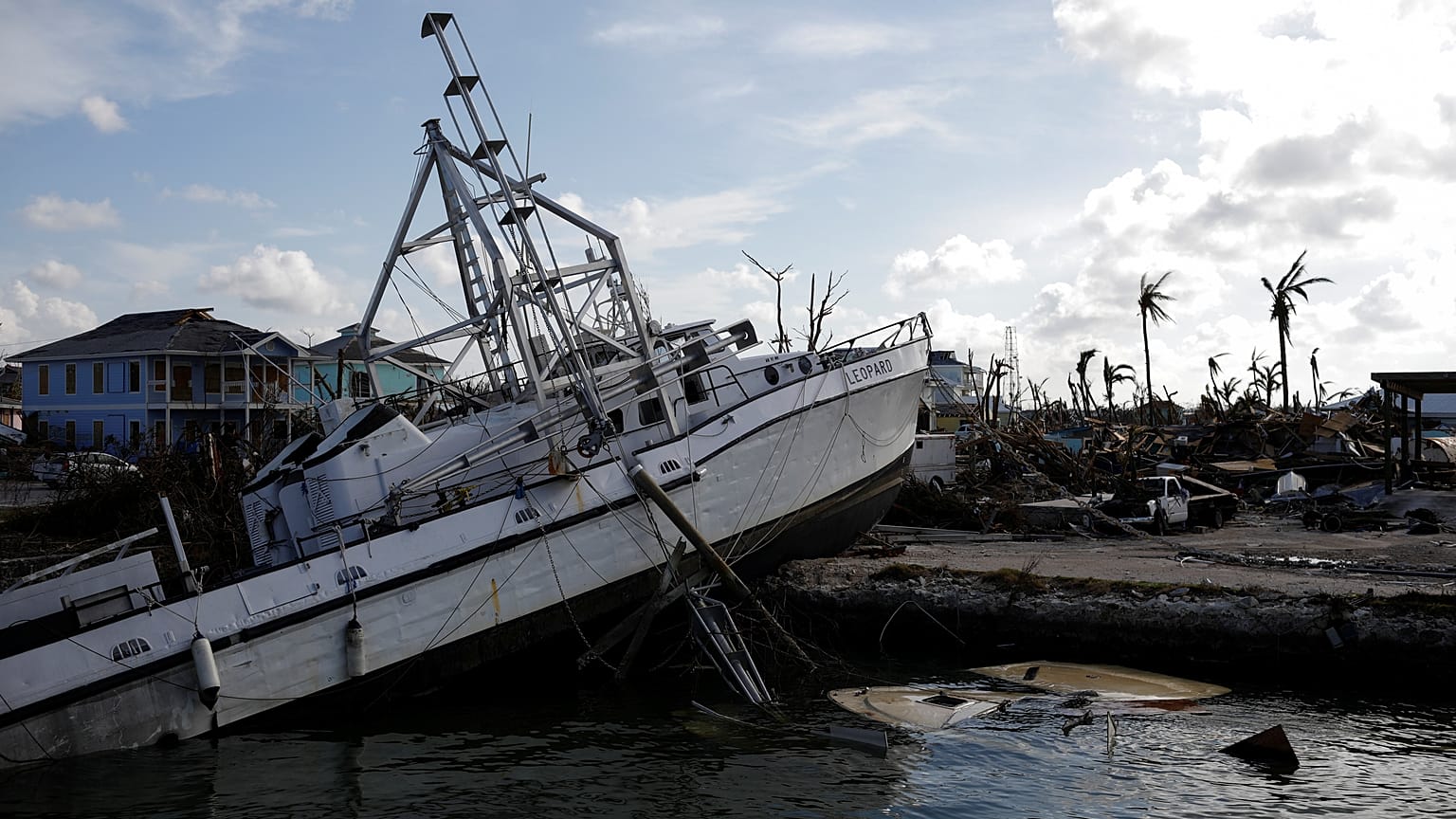 A destroyed boat is seen at a marina after Hurricane Dorian hit the Abaco Islands in Marsh Harbour