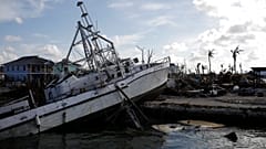 A destroyed boat is seen at a marina after Hurricane Dorian hit the Abaco Islands in Marsh Harbour