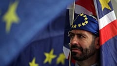 Anti-Brexit demonstrator protests outside the Houses of Parliament in London, Britain