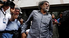 Mexican graphic artist Francisco Toledo arrives for an exhibition of kites with pictures of the 43 missing students of the Ayotzinapa Teacher Training College in Mexico City.