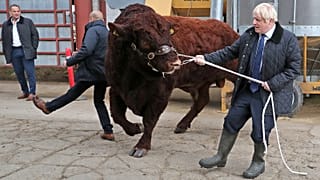 Britain's Prime Minister Boris Johnson visits Darnford Farm in Darnford, Banchory near Aberdeen