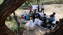 تلاميذ يمنيون في حصة مدرسية تحت شجرة في محافظة تعز 
