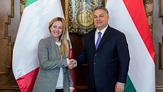 Orbán Viktor miniszterelnök fogadja Giorgia Melonit, az Olaszország Fívérei párt elnökét az Országházban 2018. február 28-án