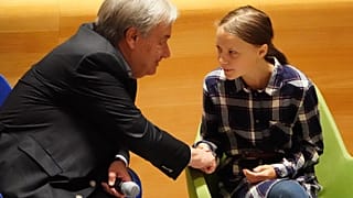 Secretary-General of the United Nations Antonio Guterres shakes hands with Swedish environmental activist Greta Thunberg, ew York, U.S., September 21, 2019 