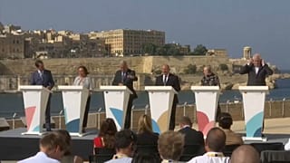 Interior ministers from France, Italy, Germany, FInland, and Malta stand with the EU Commissioner for Migration