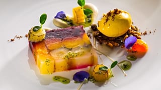 Hambleton Hall - Terrine of heritage carrot, star anise ice cream, tarragon oil