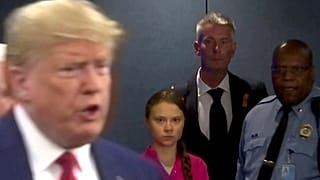 Swedish environmental activist Greta Thunberg watches as U.S. President Donald Trump enters the United Nations in New York City, U.S. September 23, 2019