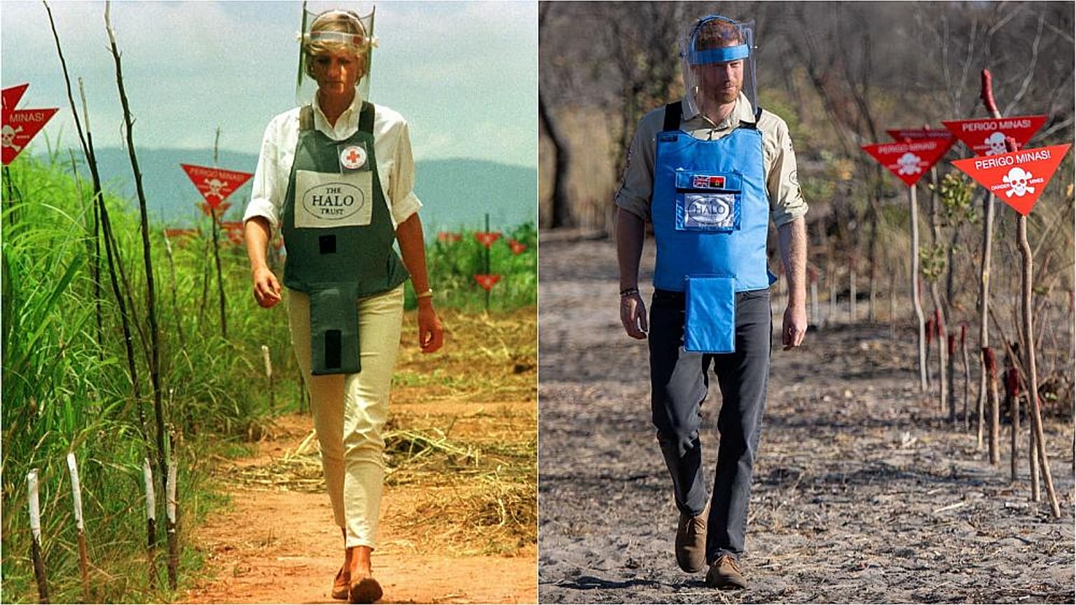 El príncipe Enrique tras los pasos de su madre Diana: La misma foto en Angola, 22 años entre ambas