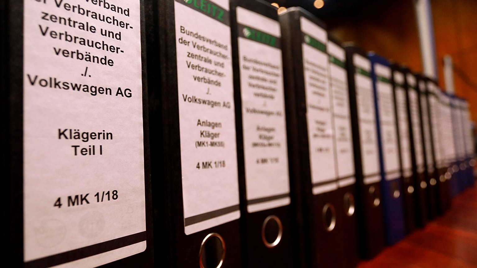 Folders pictured before the start of a hearing in a class action suit filed by over 400,000 of diesel automobile owners against VW in Brunswick, September 30, 2019