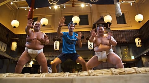 Novak Djokovic tries sumo wrestling ahead of the Japan Open
