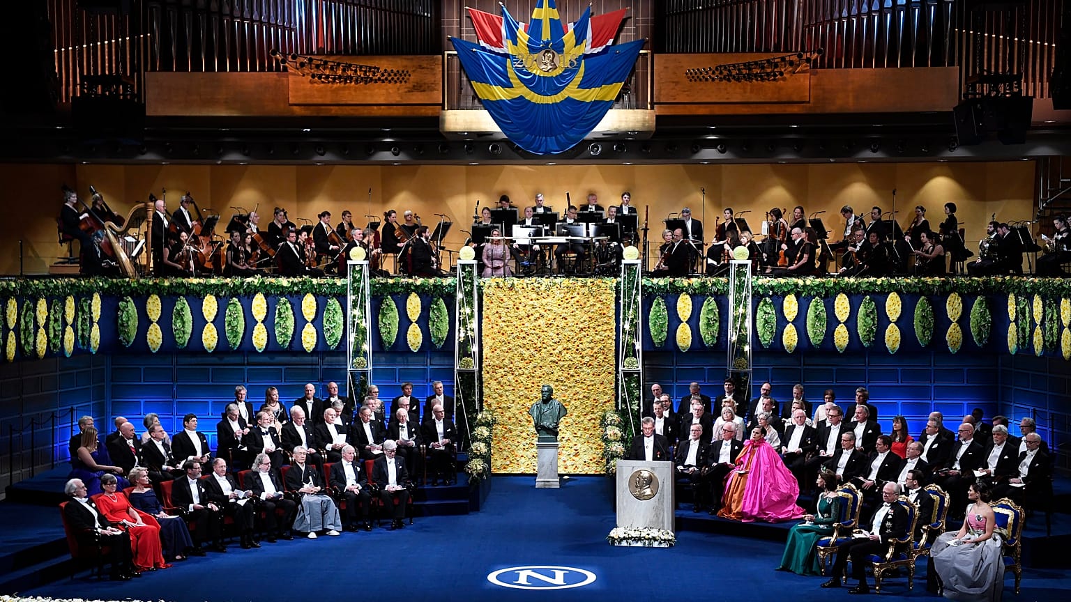 A 2018-as Nobel-díjak átadási ünnepsége a stockholmi hangversenyteremben 