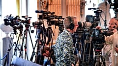 Journalists prepare themselves for the announcement of the winners of the Nobel Prize in Literature 2019, in Stockholm