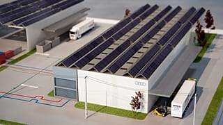 Az Audi Hungaria Motor Kft. 10 milliárd forintból felépített második logisztikai csarnokának makettje az átadóünnepség napján Győrben 2015. szeptember 8-án.