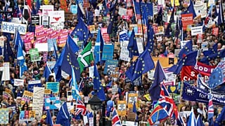 EU supporters march as parliament sits on a Saturday for the first time since the 1982 Falklands War, to discuss Brexit in London, Britain, October 19, 2019. REUTERS/Simon Daw