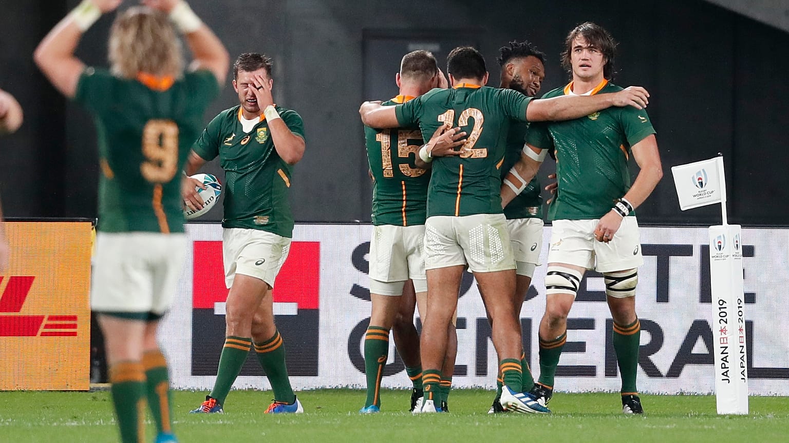 South Africa's Makazole Mapimpi celebrates with team mates scoring their third try